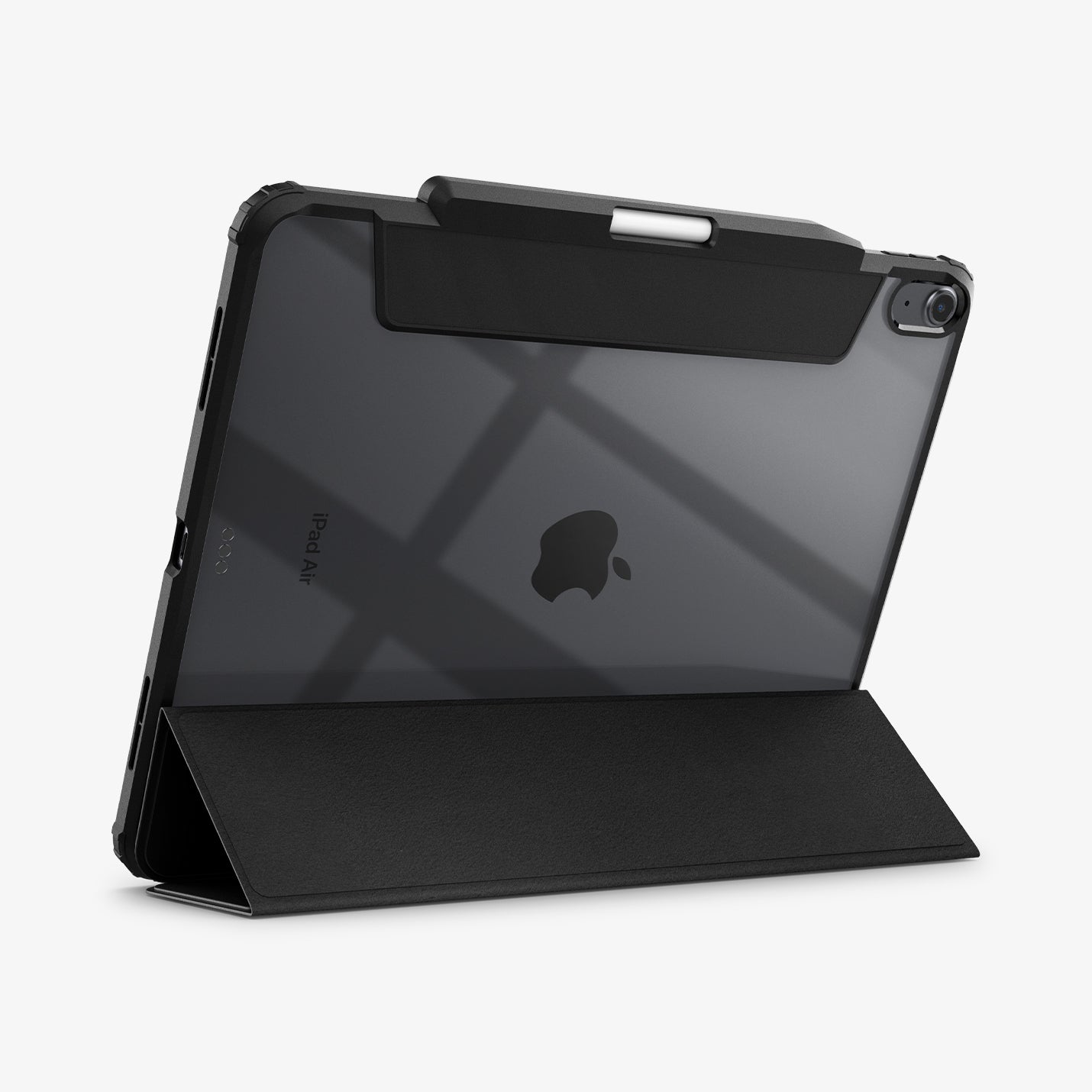 ACS07668 - iPad Air 12.9-inch Case Ultra Hybrid Pro in Black showing the back with device propped up by built in kickstand with s pen attached