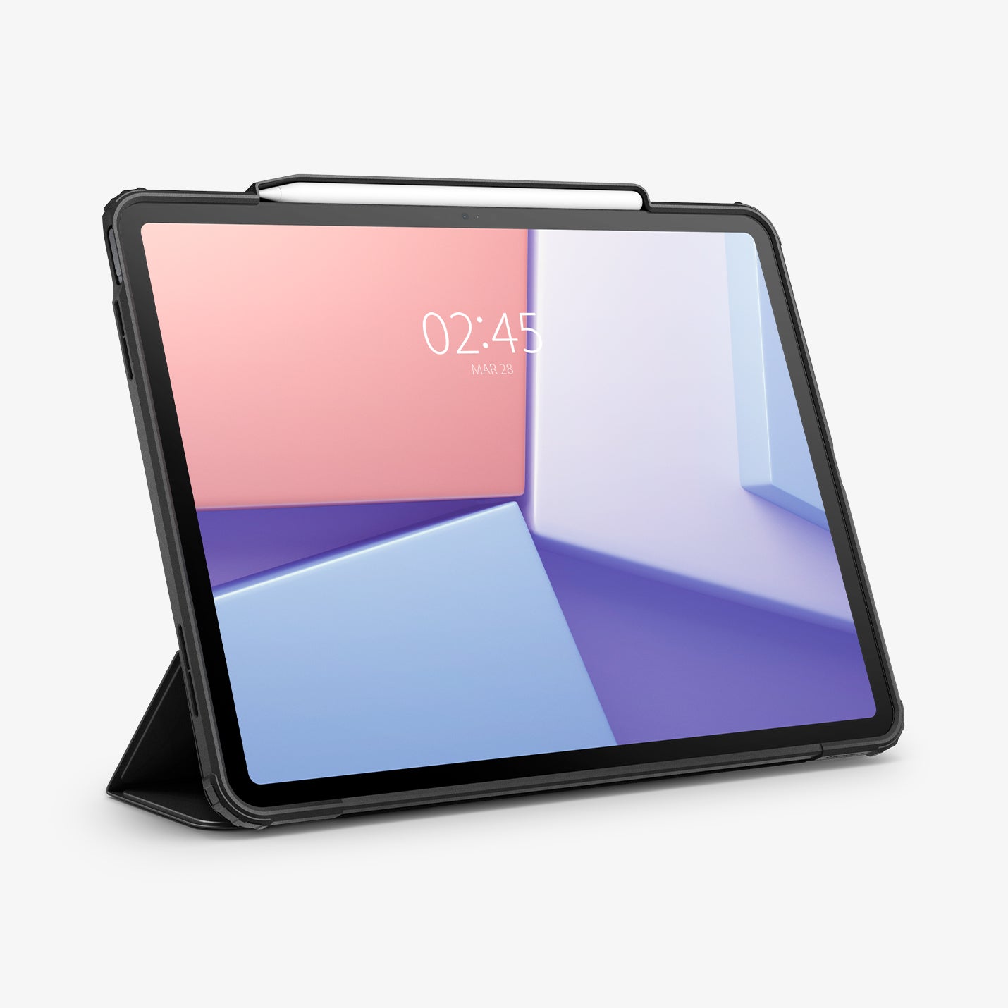 ACS07668 - iPad Air 12.9-inch Case Ultra Hybrid Pro in Black showing the front with device propped up by built in kickstand with s-pen attached