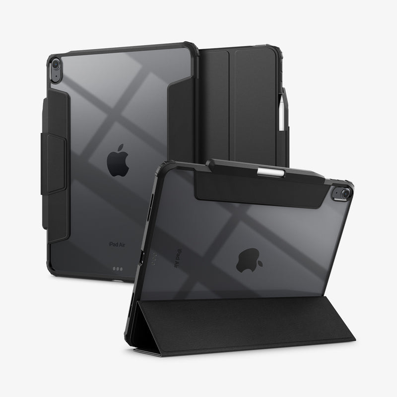 ACS07668 - iPad Air 12.9-inch Case Ultra Hybrid Pro in Black showing the back, front and device propped up by built in kickstand