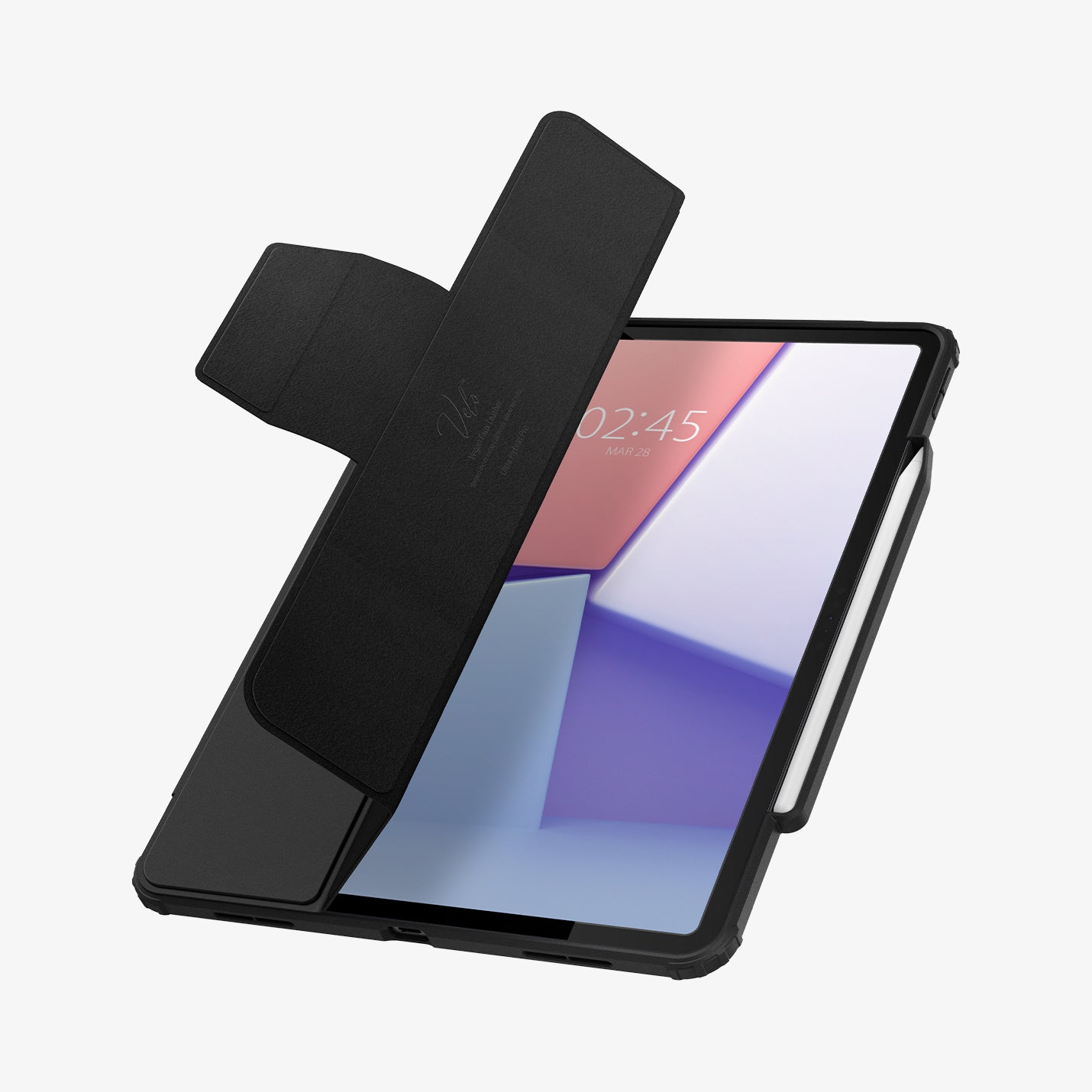ACS07668 - iPad Air 12.9-inch Case Ultra Hybrid Pro in Black showing the front with cover half open with s-pen attached