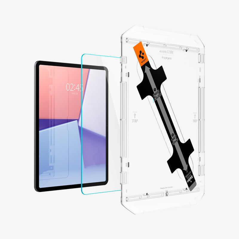 AGL07803 - iPad Air 12.9-inch GLAS.tR EZ FIT in Clear showing the ez fit tray hovering in front of a screen protector and a device
