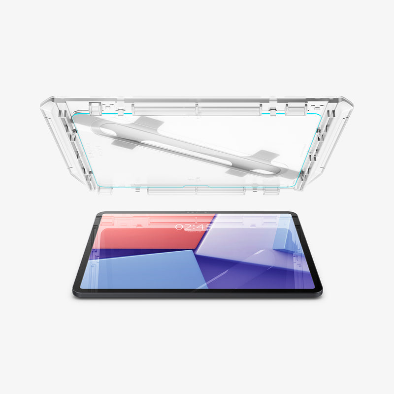 AGL07803 - iPad Air 12.9-inch GLAS.tR EZ FIT in Clear showing the bottom of the ez fit tray with screen protector attached hovering above the device