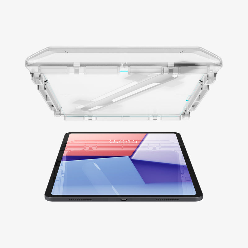 AGL07803 - iPad Air 12.9-inch GLAS.tR EZ FIT in Clear showing the ez fit tray and screen protector hovering above the device
