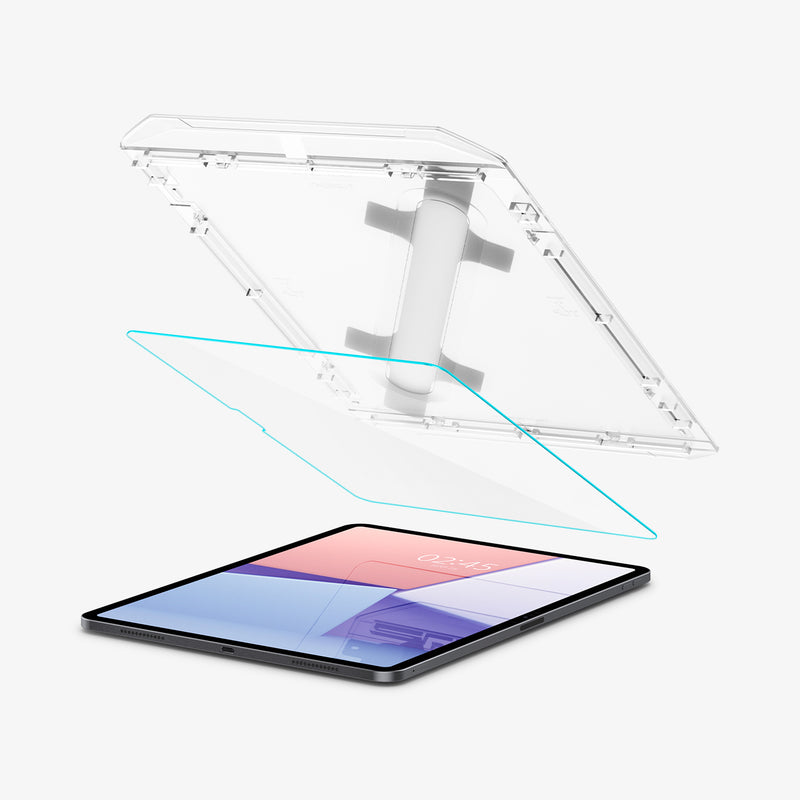 AGL07803 - iPad Air 12.9-inch GLAS.tR EZ FIT in Clear showing the bottom of ez fit tray partially hovering above the screen protector and the device