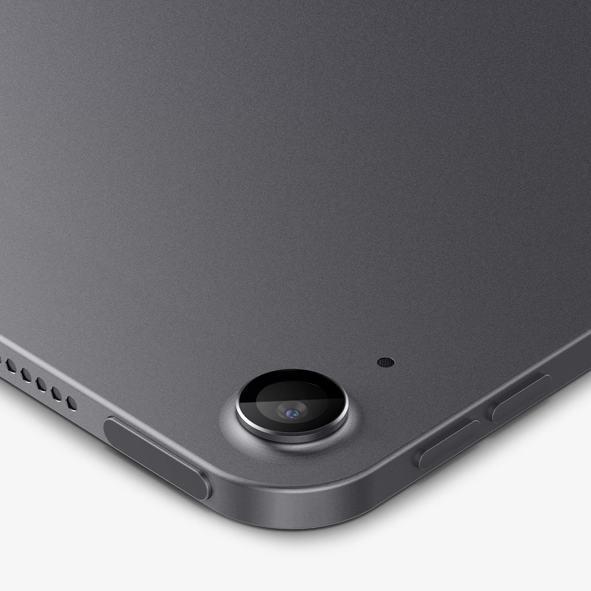 AGL07801 - Close-up of Spigen Glas.tR EZ Fit Optik Pro lens protector installed on iPad Air 13 Space Gray rear camera corner