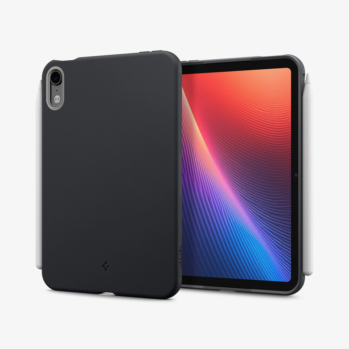 ACS12396 - iPad Mini 8 Nano Pop in Black Sesame showing front and back views of an iPad mini case with a slim design and side-mounted Apple Pencil