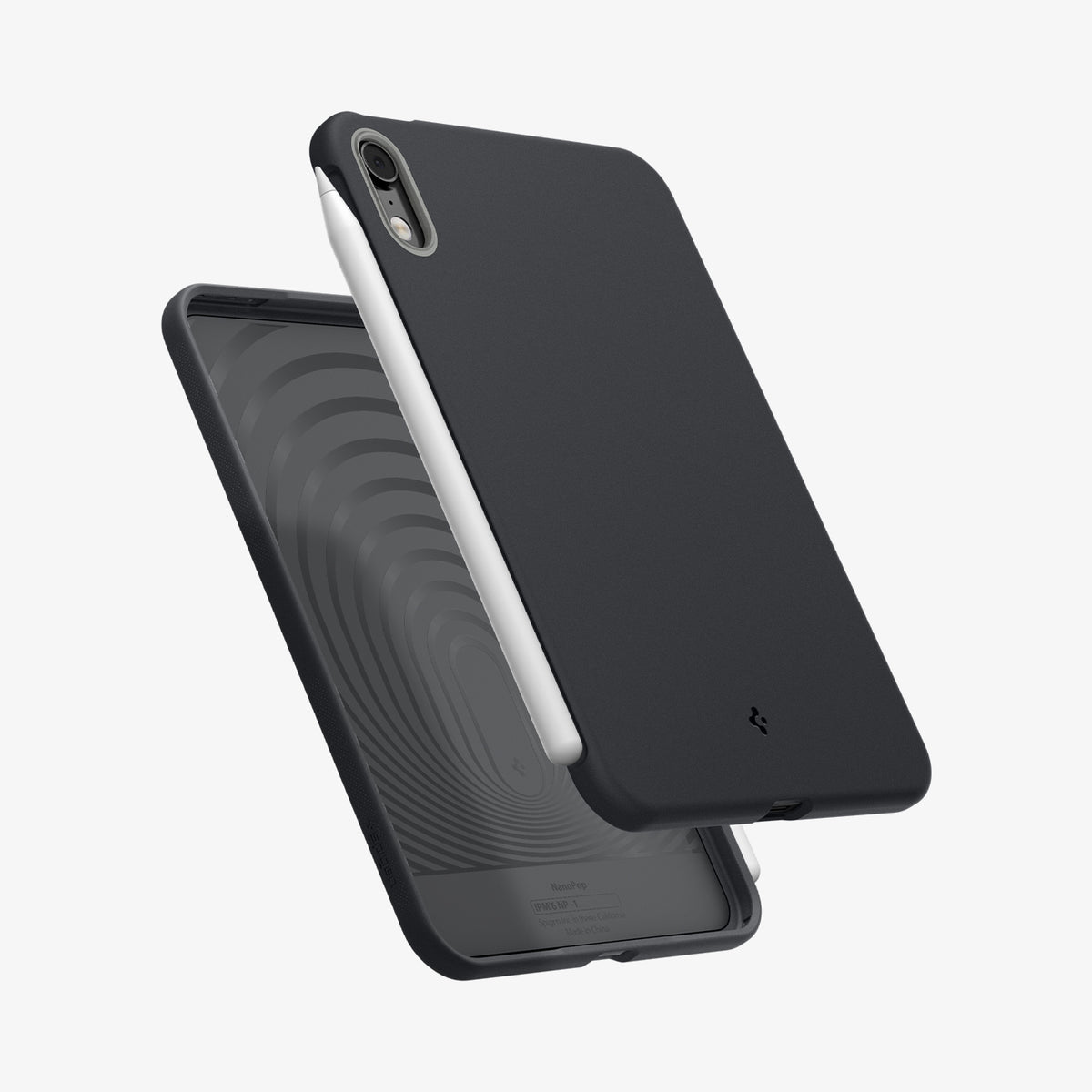 ACS12396 - iPad Mini 8 Nano Pop in Black Sesame showing an angled rear view of an iPad mini case with an Apple Pencil attached along the side