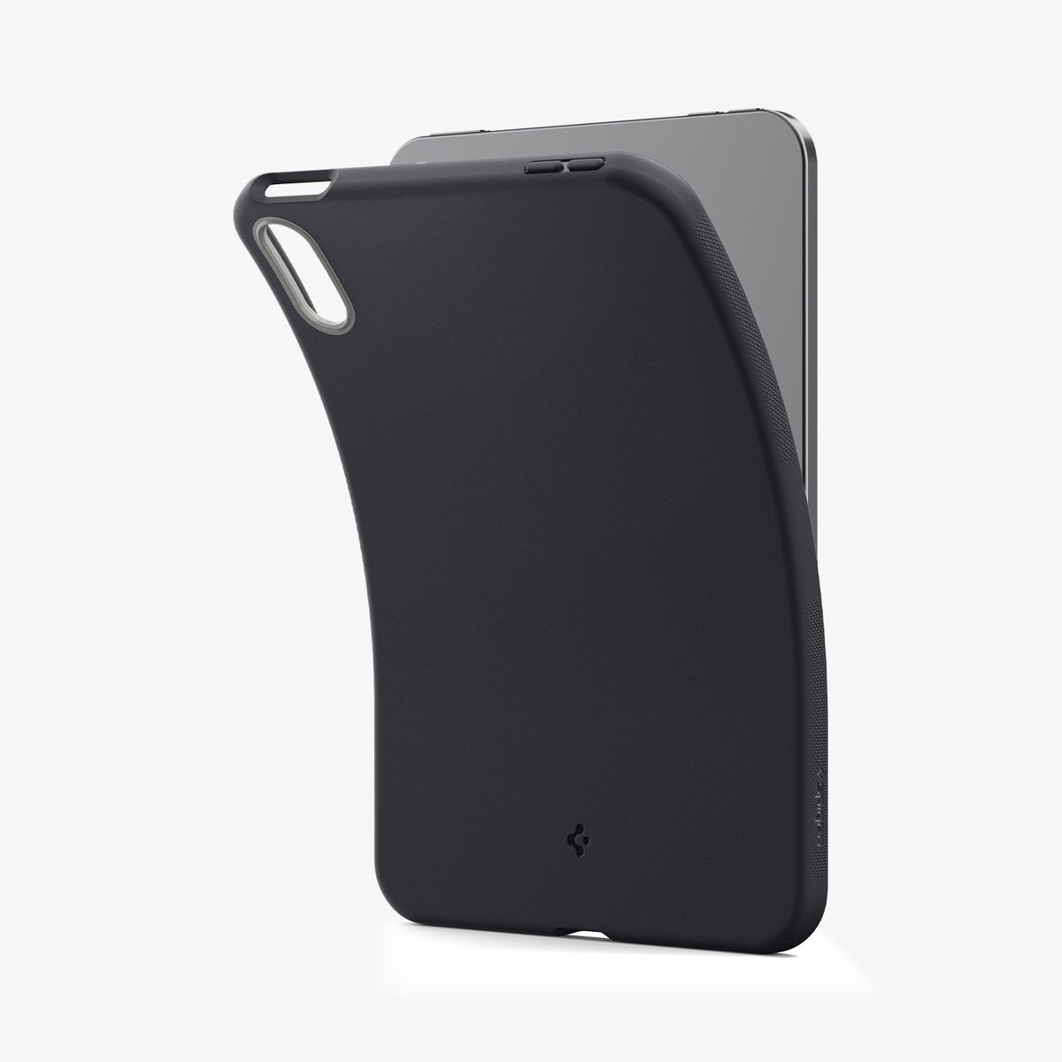 ACS12396 - iPad Mini 8 Nano Pop in Black Sesame showing a flexible iPad mini case with camera and button cutouts partially separated from the device