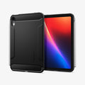 ACS12398 - iPad Mini 8 Rugged Armor in Matte Black showing front and back views of a tablet case with textured accents, raised edges, and stylus storage.