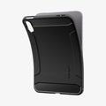 ACS12398 - iPad Mini 8 Rugged Armor in Matte Black showing a tablet case with carbon fiber accents, a camera cutout, and textured edges from an angled view.