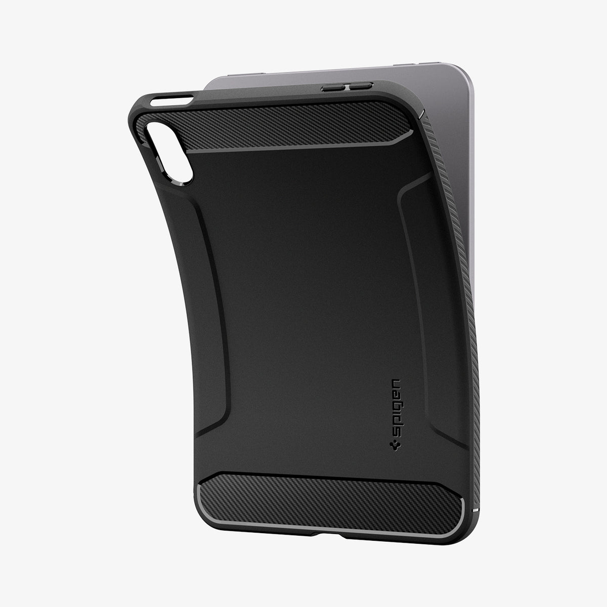 ACS12398 - iPad Mini 8 Rugged Armor in Matte Black showing a tablet case with carbon fiber accents, a camera cutout, and textured edges from an angled view.