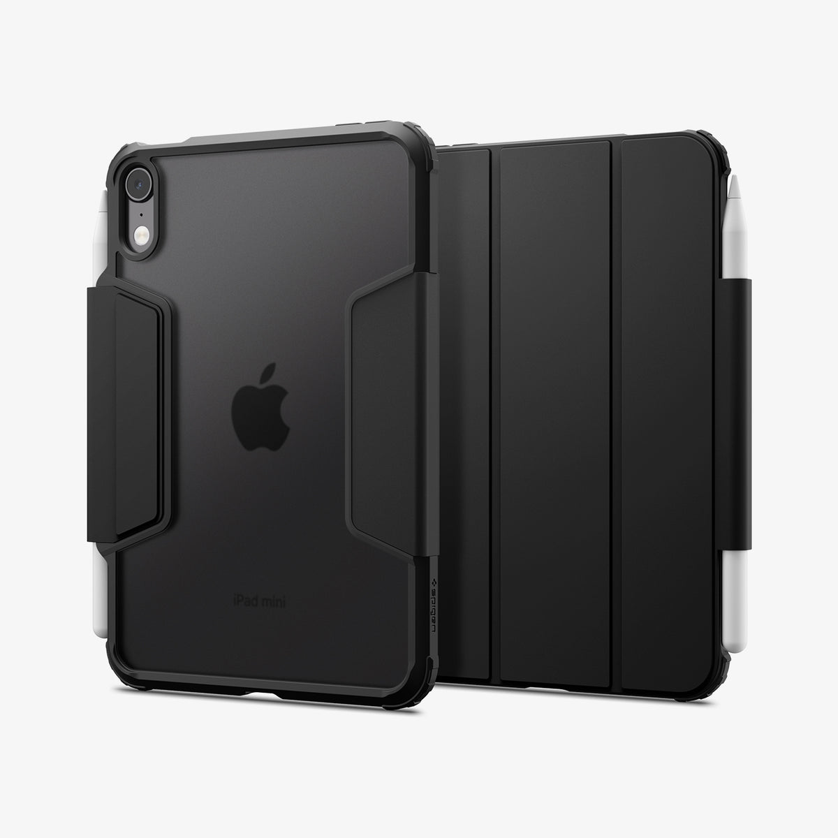 ACS12401 - iPad mini 8 Ultra Hybrid Pro showing a tablet case with a transparent back, reinforced corners, a tri-fold cover, and a stylus holder.