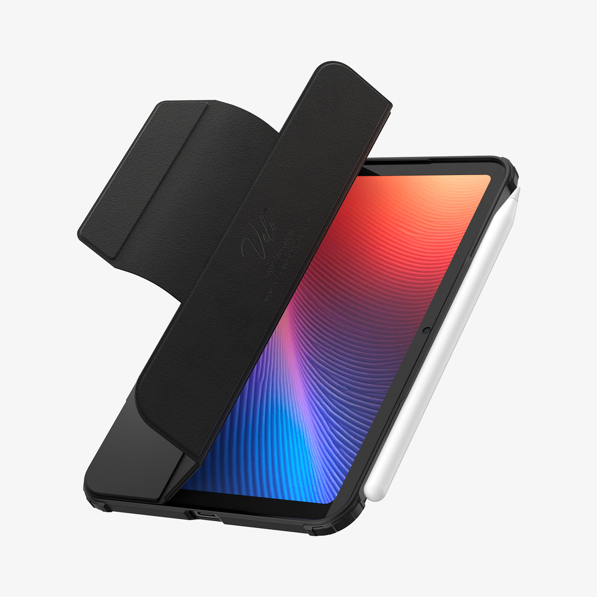 ACS12401 - iPad mini 8 Ultra Hybrid Pro showing a tablet case with a partially opened foldable front cover and an attached stylus.