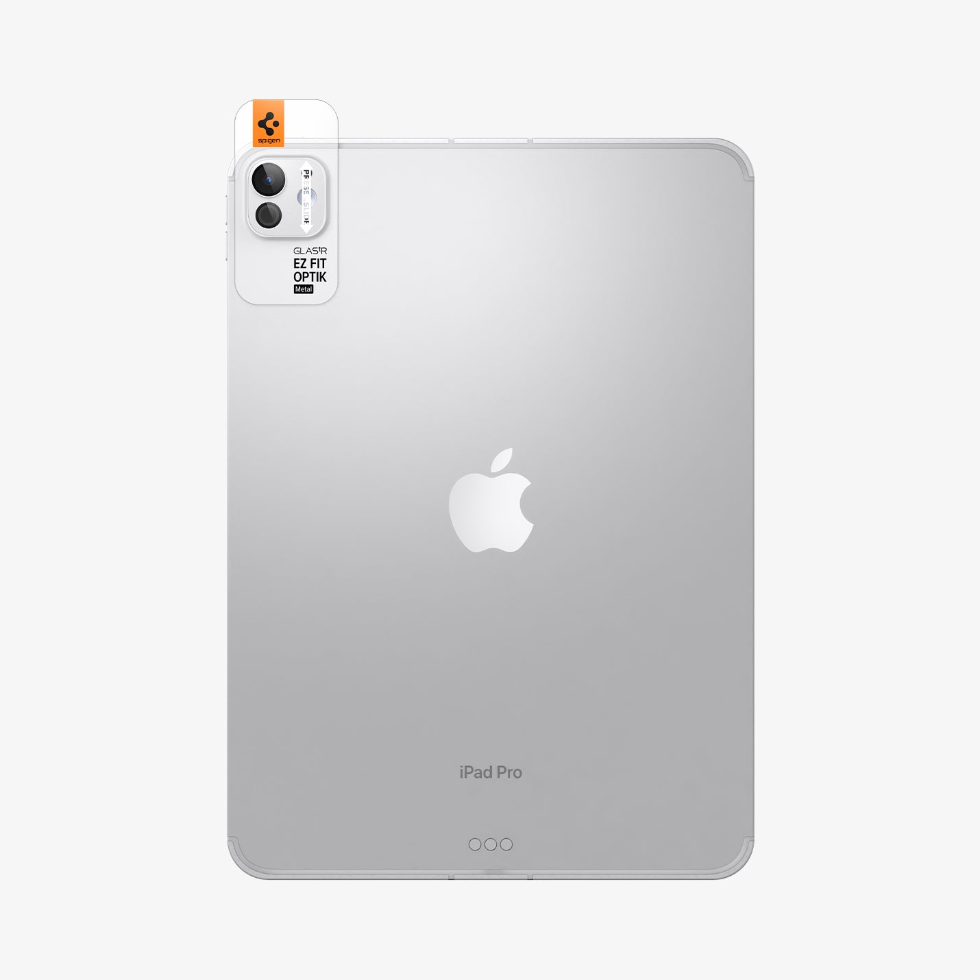 AGL07796 - iPad Pro 13-inch (2024) Optik Pro EZ Fit Lens Protector in Silver showing the back, installation tray with lens attached to the device