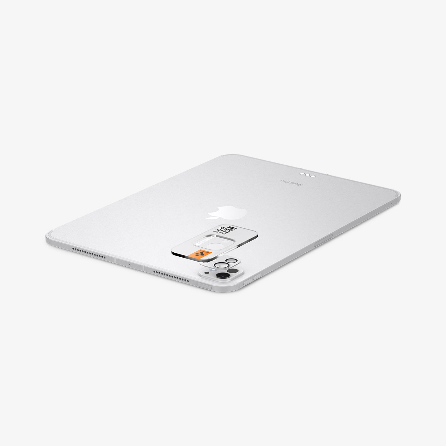 AGL07796 - iPad Pro 13-inch (2024) Optik Pro EZ Fit Lens Protector in Silver showing the installation tray hovering above the lens protector and the device