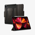 ACS01025 - iPad Pro 11-inch (2022) Rugged Armor Pro in Gunmetal showing the back, partial front with s-pen attached and another device showing front, while front cover propped up as a kickstand