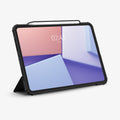 ACS07762 - iPad Pro 11-inch Case Air Skin Pro in Black showing the front with device propped up by built in kickstand with s-pen attached