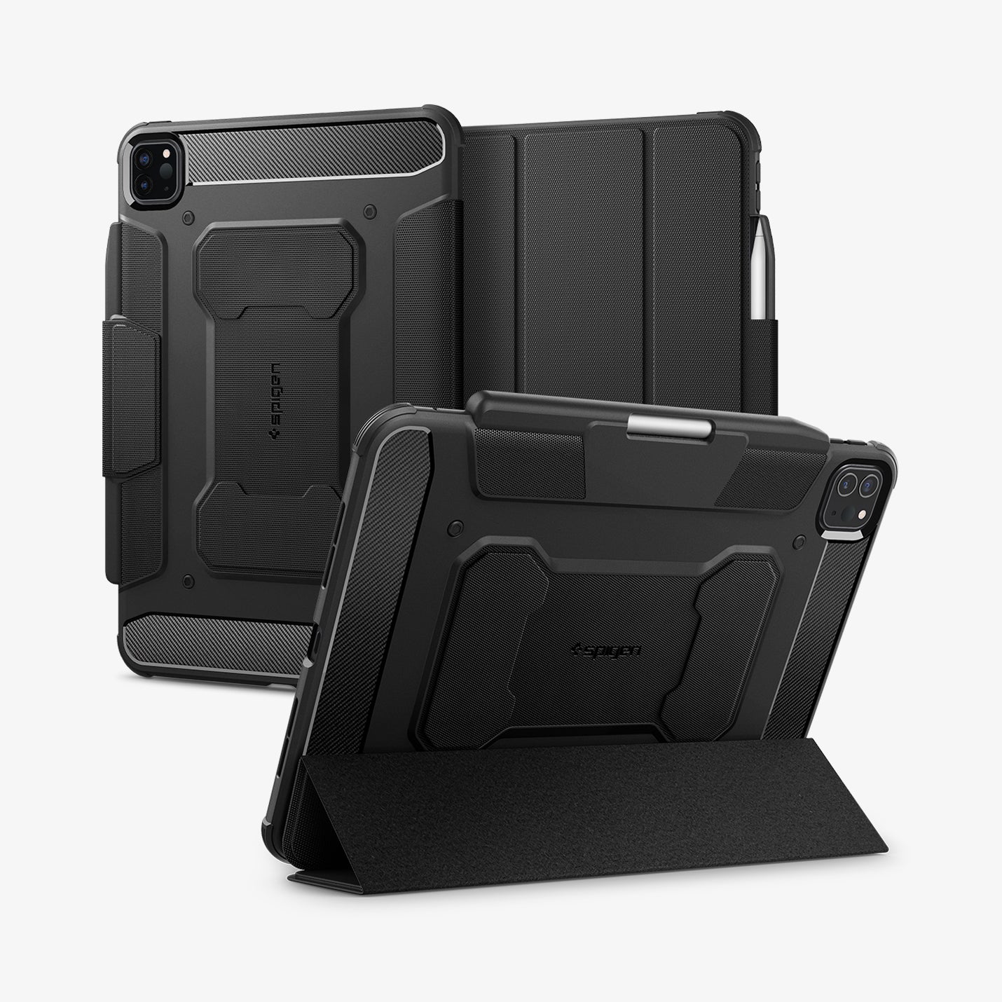 ACS07017 - iPad Pro 11-inch Case Rugged Armor Pro in Black showing the back, partial front and another device showing the folded cover converted into kickstand