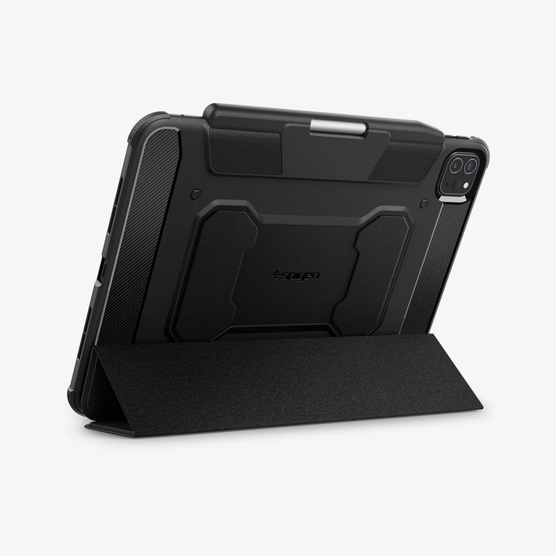 ACS07017 - iPad Pro 11-inch Case Rugged Armor Pro in Black showing the back, partial bottom with folded cover converted into kickstand with s-pen attached