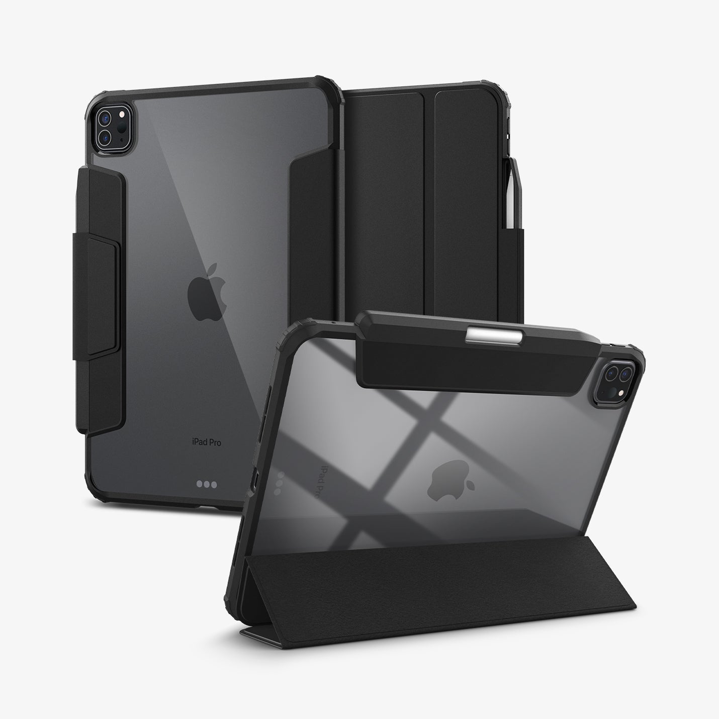 ACS07016 - iPad Pro 11-inch Case Ultra Hybrid Pro in Black showing the back with a folded front cover propped up as a stand, behind it, a device showing back and partial front