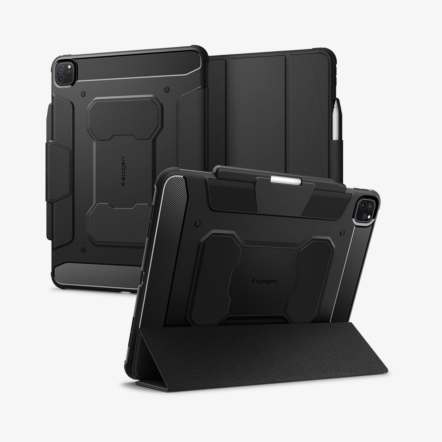 ACS07007 - iPad Pro 12.9-inch Case Rugged Armor Pro in Black showing the back, partial front and another device showing the folded cover converted into kickstand