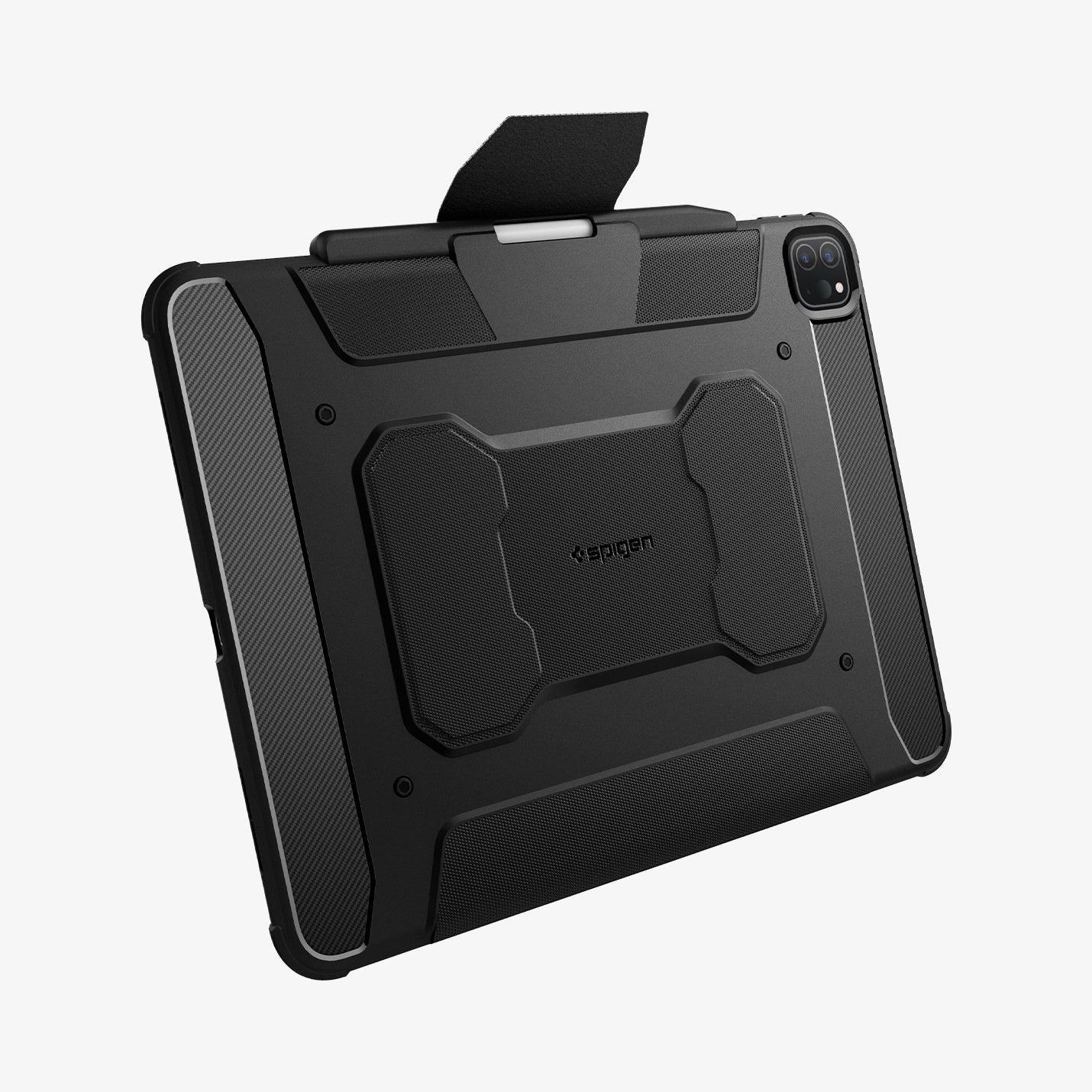 ACS07007 - iPad Pro 12.9-inch Case Rugged Armor Pro in Black showing the back and partial bottom with case lock partially lifted