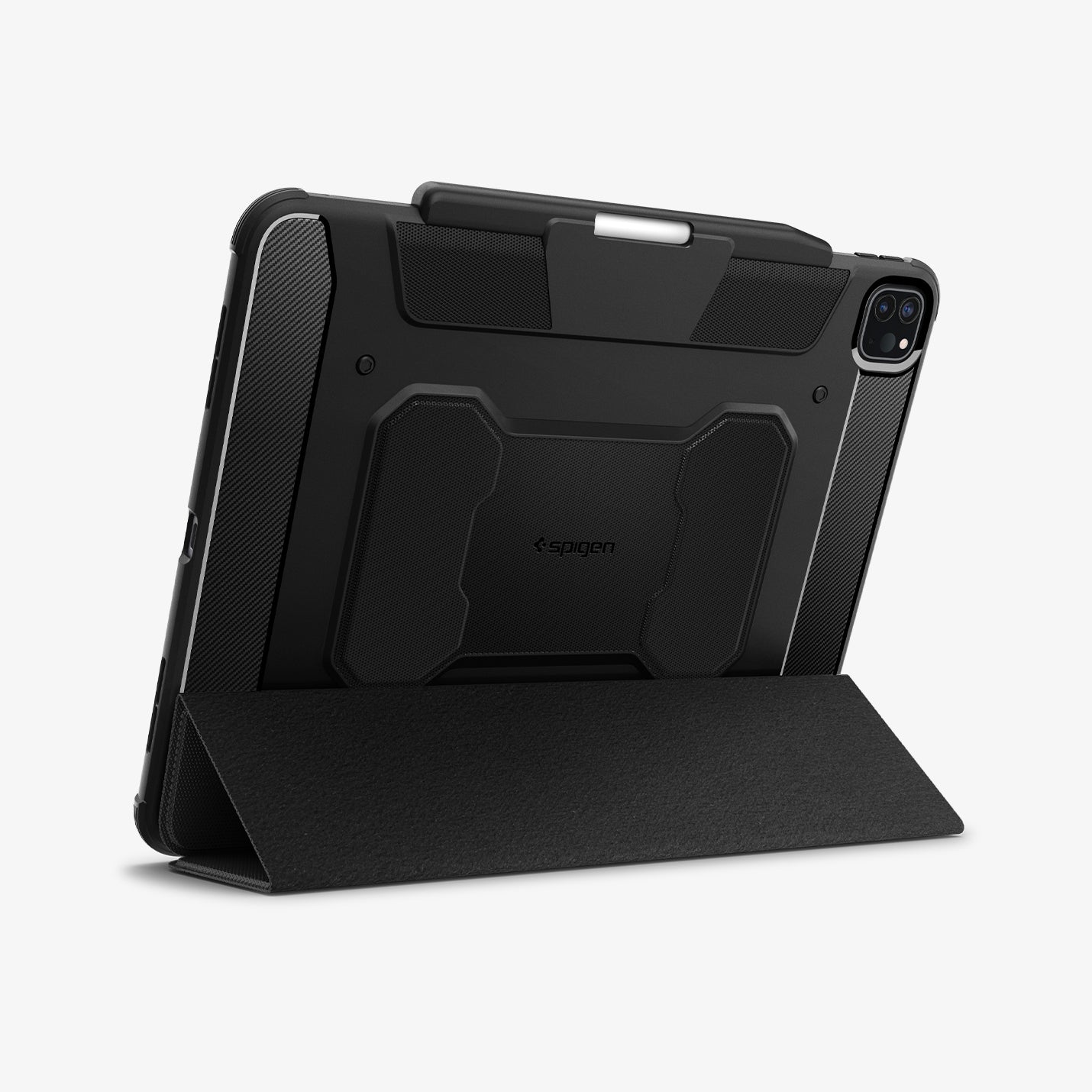 ACS07007 - iPad Pro 12.9-inch Case Rugged Armor Pro in Black showing the back, partial bottom with folded cover converted into kickstand with s-pen attached