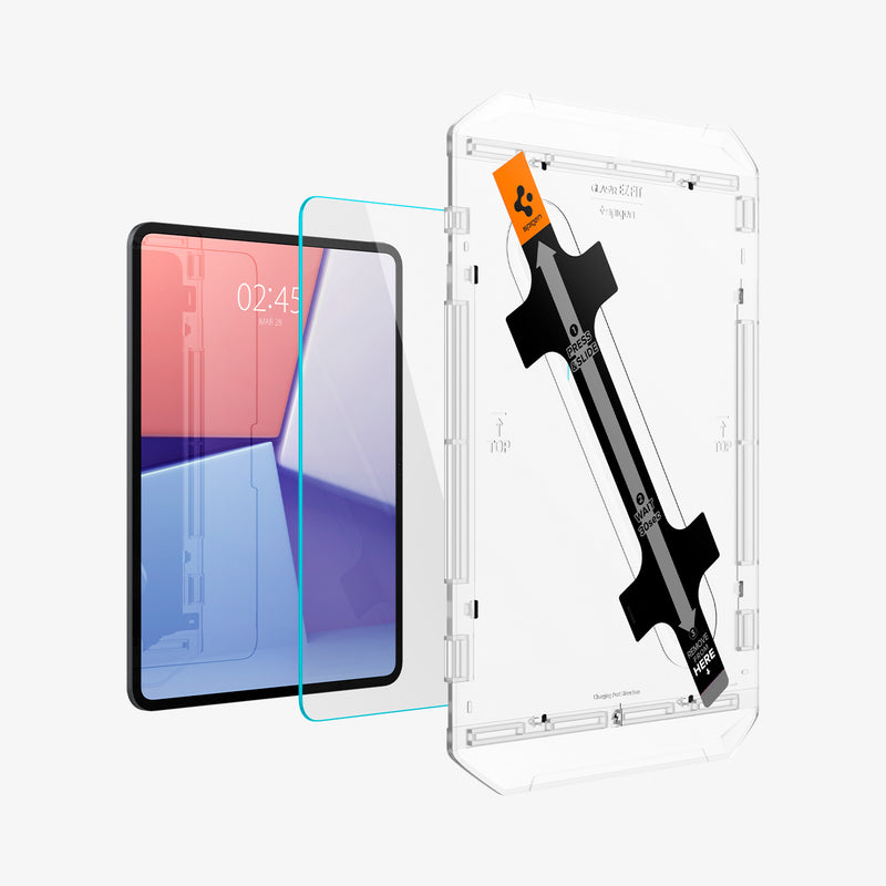 AGL07793 - iPad Pro 12.9-inch GLAS.tR EZ FIT in Clear showing the alignment tray hovering in front of a screen protector and a device