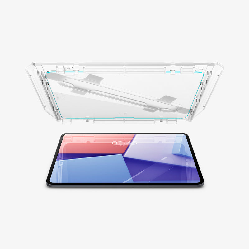 AGL07793 - iPad Pro 12.9-inch GLAS.tR EZ FIT in Clear showing the alignment tray with screen protector hovering above the device in landscape position