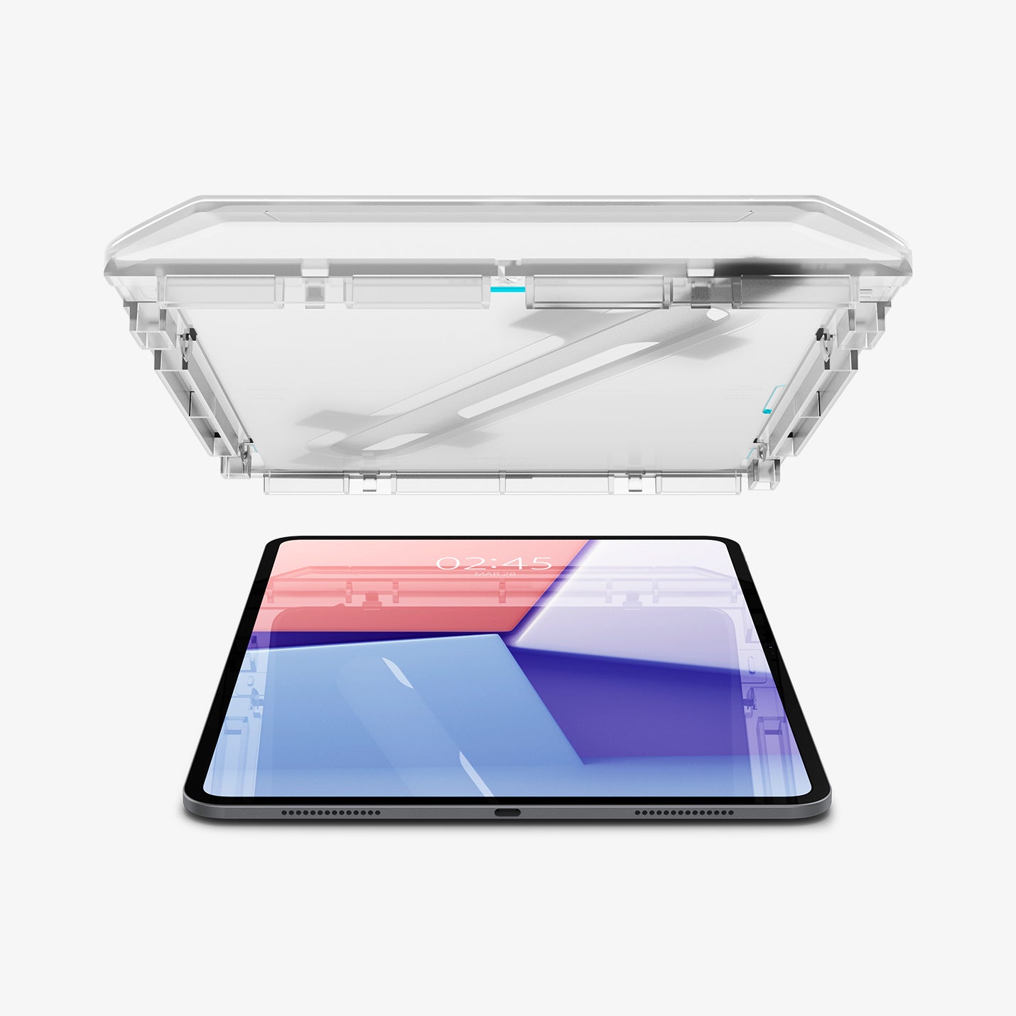 AGL07793 - iPad Pro 12.9-inch GLAS.tR EZ FIT in Clear showing the alignment tray with screen protector hovering above the device in portrait position
