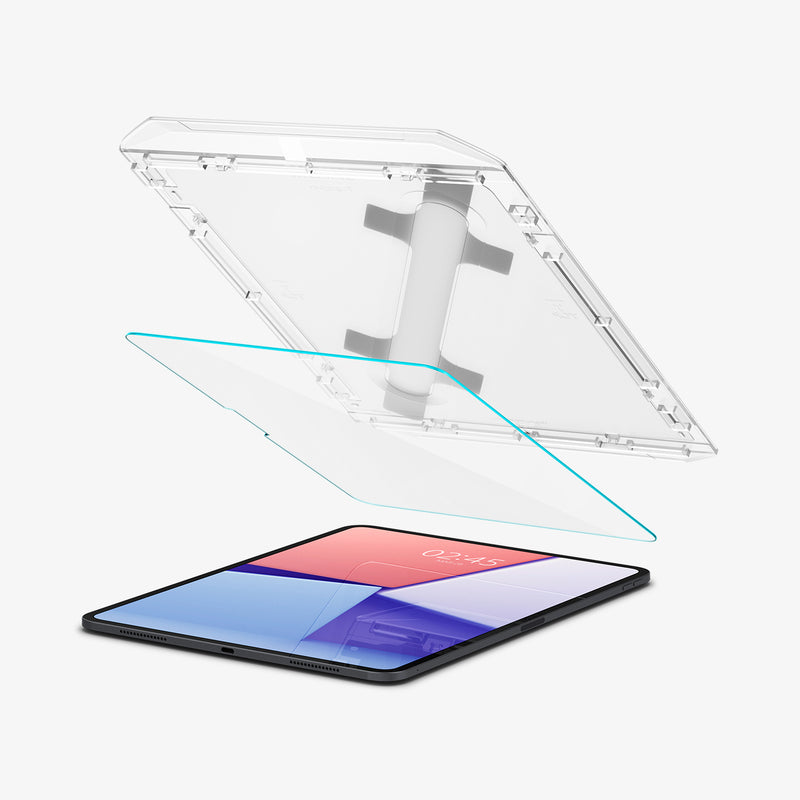 AGL07793 - iPad Pro 12.9-inch GLAS.tR EZ FIT in Clear showing the alignment tray hovering above the screen protector and a device