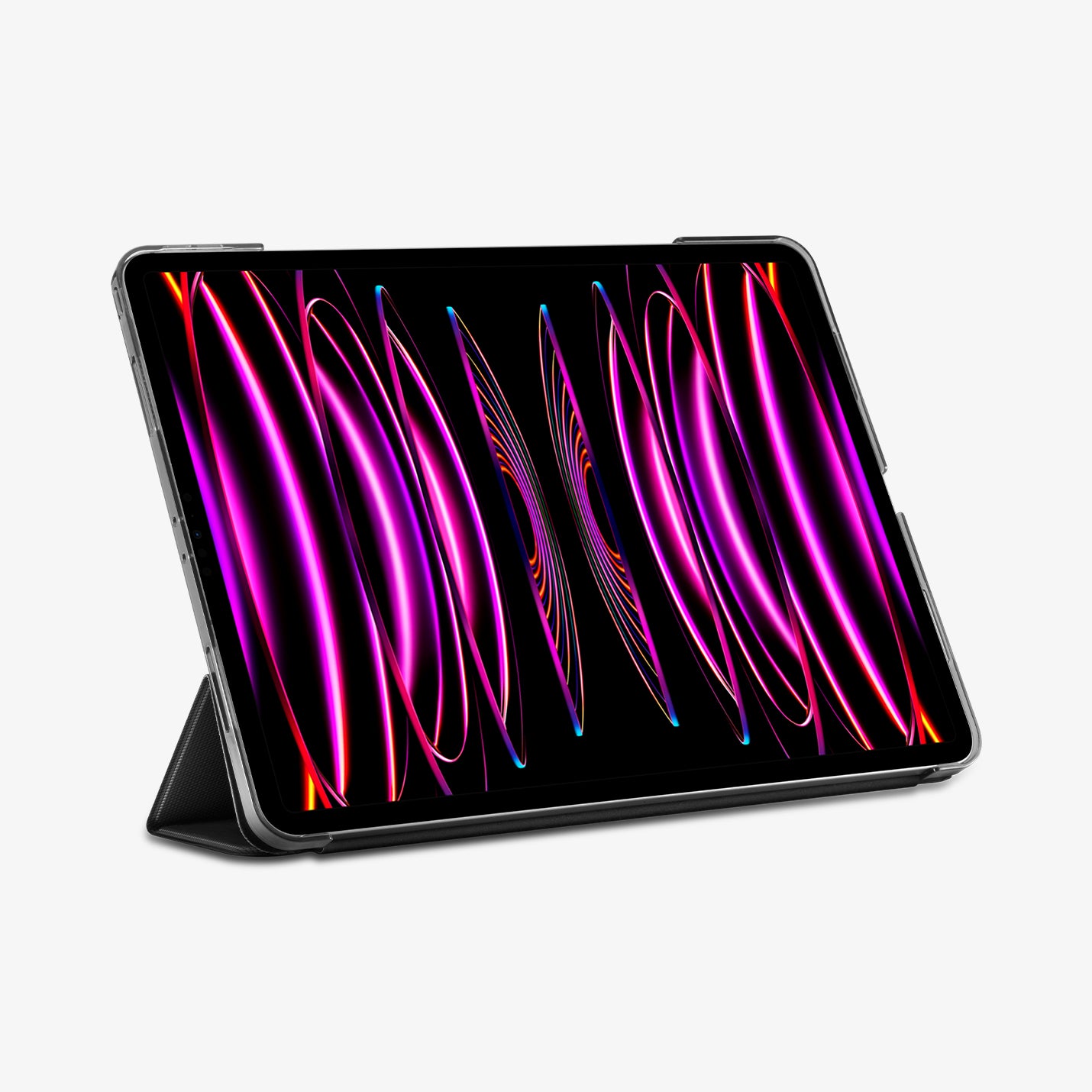 ACS05466 - iPad Pro 11" (2022/2021/2020/2018) Case Liquid Air Folio in black showing the front and partial top with device propped up by built in kickstand