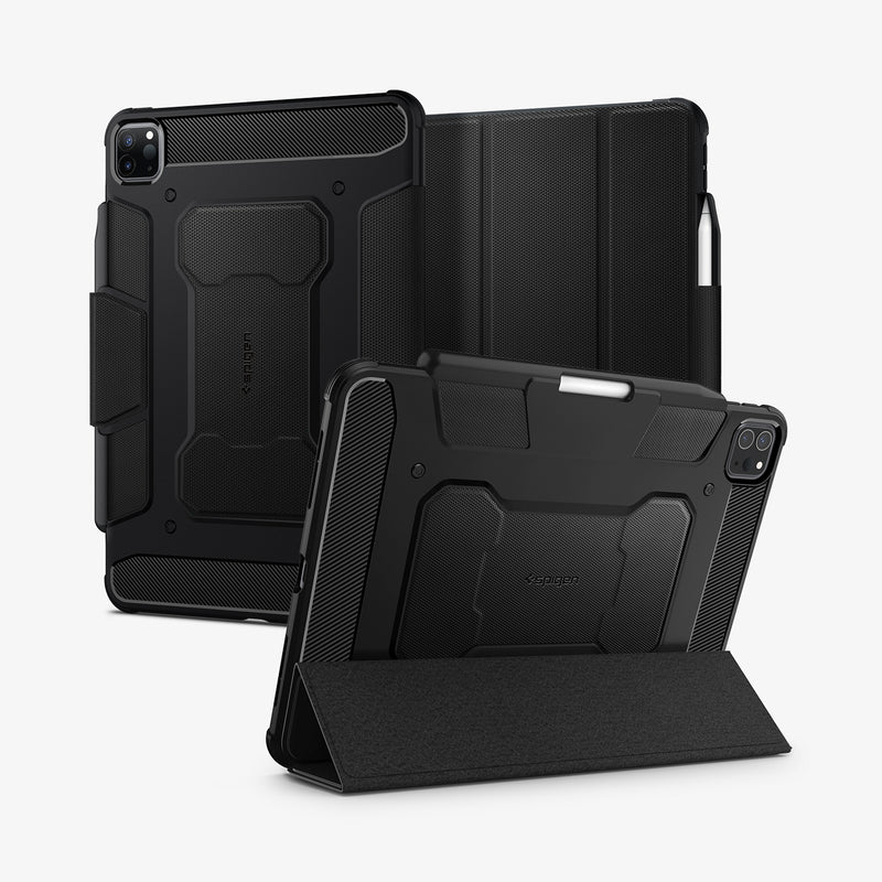 ACS02889 - iPad Pro 12.9-inch Case Rugged Armor Pro in Black showing the back, partial front and another device showing the folded cover converted into kickstand