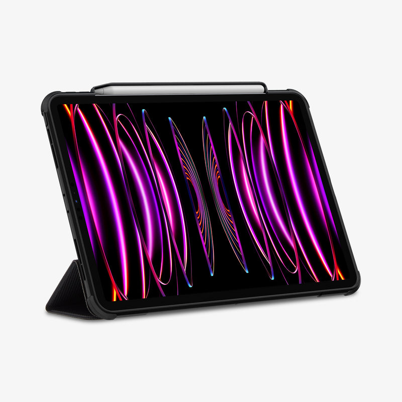 ACS02889 - iPad Pro 12.9-inch Case Rugged Armor Pro in Black showing the front and partial folded cover converted into kickstand with an s-pen attached
