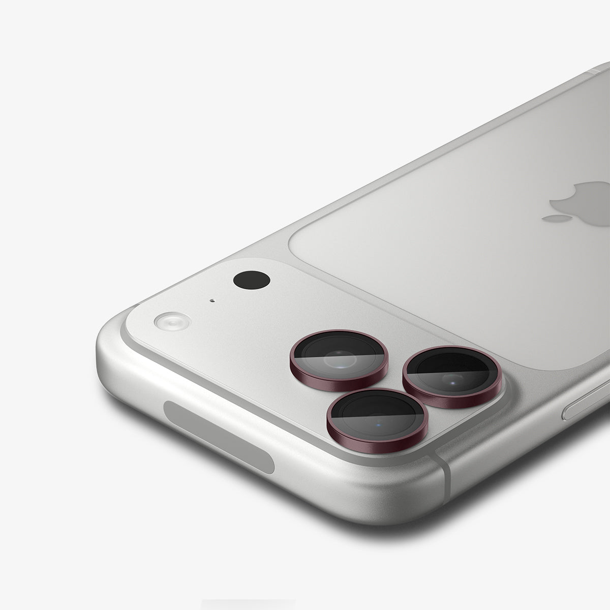 AGL12044 - iPhone 18 Pro Max / iPhone 18 Pro Optik Pro EZ Fit Lens Protector in Dark Cherry showing a close-up of three lens protectors fitted securely over the camera lenses.