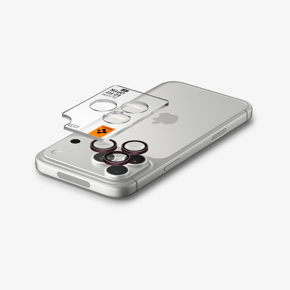AGL12044 - iPhone 18 Pro Max / iPhone 18 Pro Optik Pro EZ Fit Lens Protector in Dark Cherry showing three lens protectors aligned above the camera lenses before installation.
