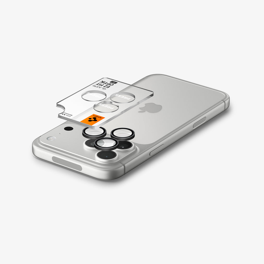 AGL12043 - iPhone 18 Pro Max / iPhone 18 Pro Optik Pro EZ Fit Lens Protector in Dark Gray showing three lens protectors aligned above the camera lenses before installation.