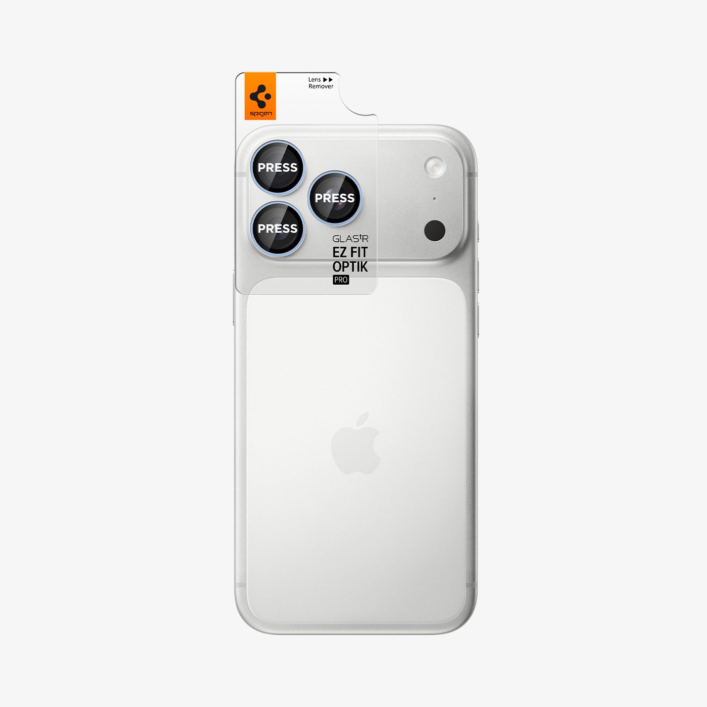 AGL12045 - iPhone 18 Pro Max / iPhone 18 Pro Optik Pro EZ Fit Lens Protector in Light Blue showing an alignment tray positioned over the camera lenses for easy installation.