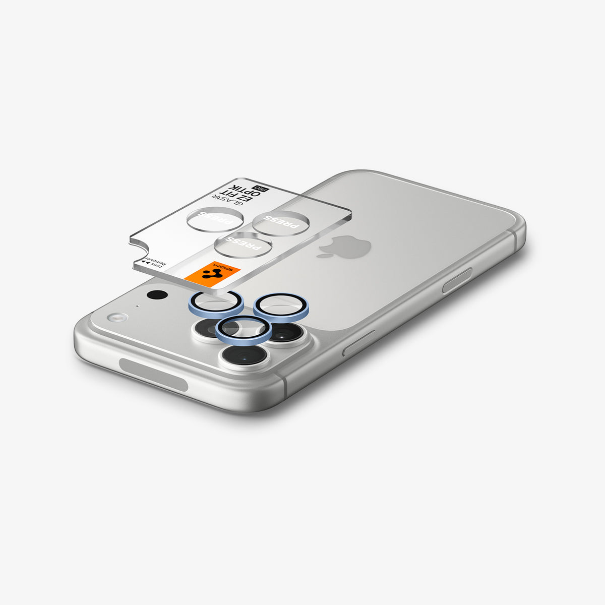 AGL12045 - iPhone 18 Pro Max / iPhone 18 Pro Optik Pro EZ Fit Lens Protector in Light Blue showing three lens protectors aligned above the camera lenses before installation.
