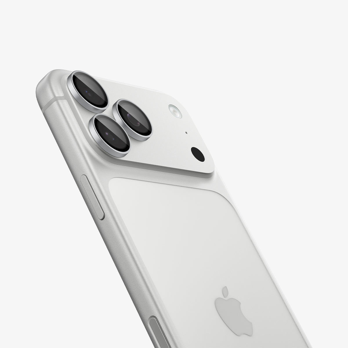 AGL12046 - iPhone 18 Pro Max / iPhone 18 Pro Optik Pro EZ Fit Lens Protector in Silver showing individual lens protectors installed over the camera lenses.