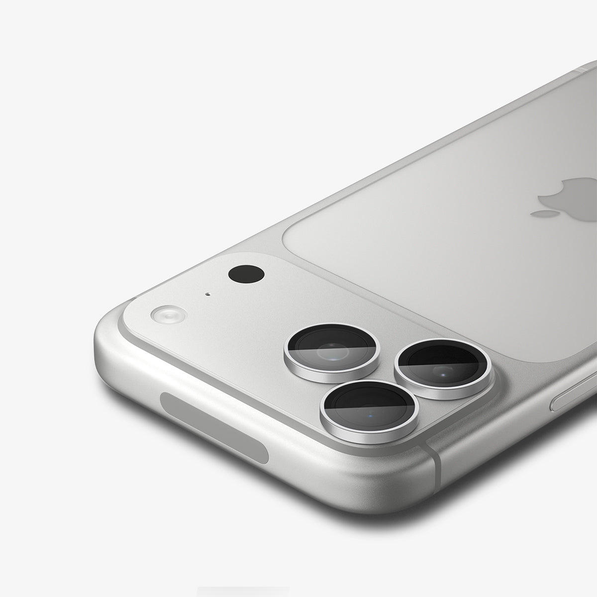 AGL12046 - iPhone 18 Pro Max / iPhone 18 Pro Optik Pro EZ Fit Lens Protector in Silver showing a close-up of three lens protectors fitted securely over the camera lenses.