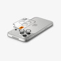AGL12046 - iPhone 18 Pro Max / iPhone 18 Pro Optik Pro EZ Fit Lens Protector in Silver showing three lens protectors aligned above the camera lenses before installation.