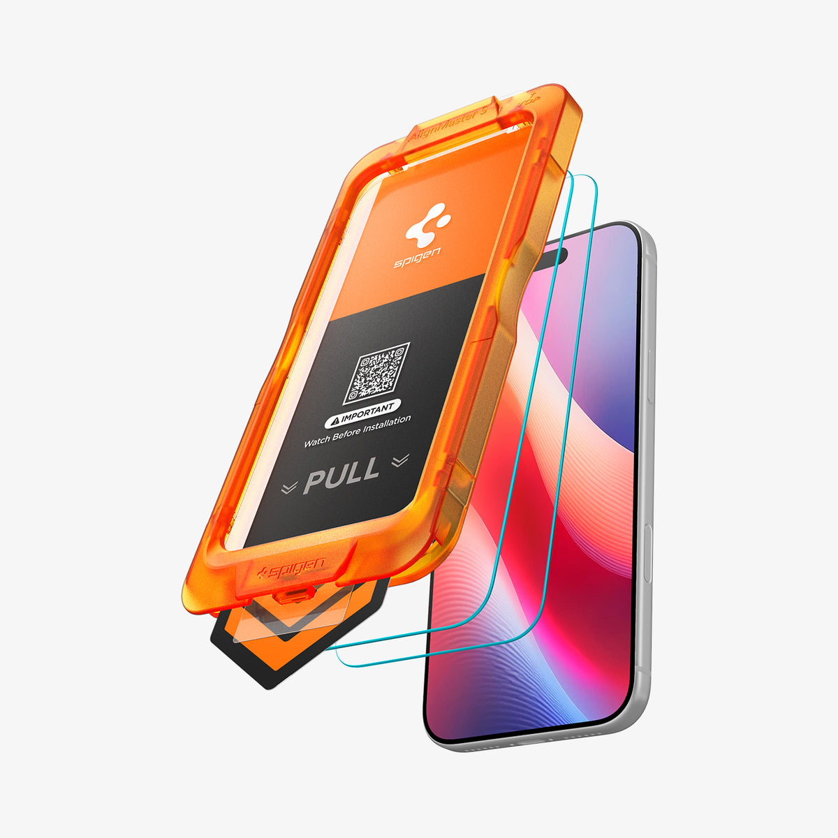 AGL11323 - iPhone 18 Pro / iPhone 17 Pro GLAS.tR AlignMaster S showing a screen protector aligned between the display and installation tray.