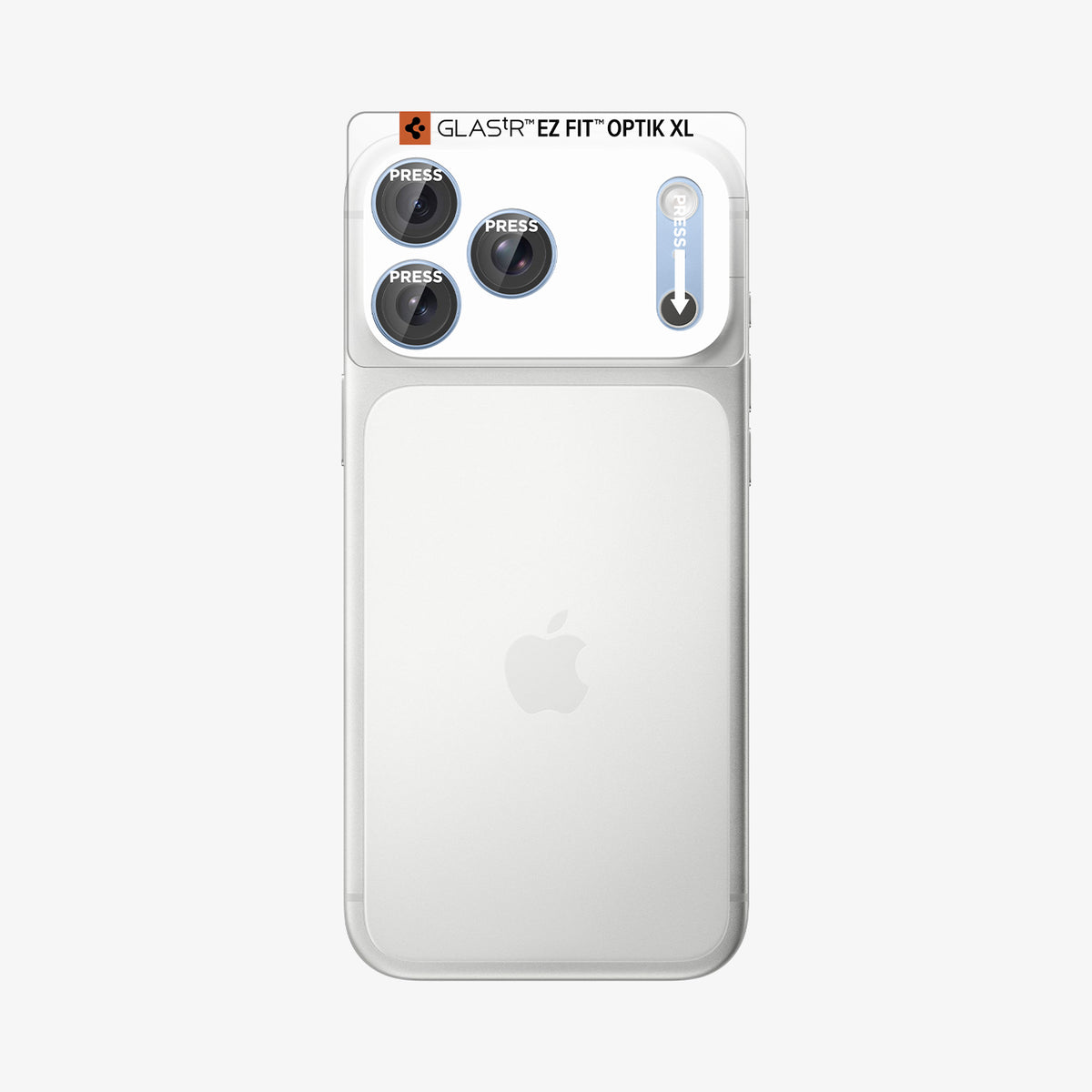AGL12037 - iPhone 18 Pro Optik Pro XL EZ Fit Lens Protector in Light Blue showing an alignment tray positioned over the camera area for precise installation.