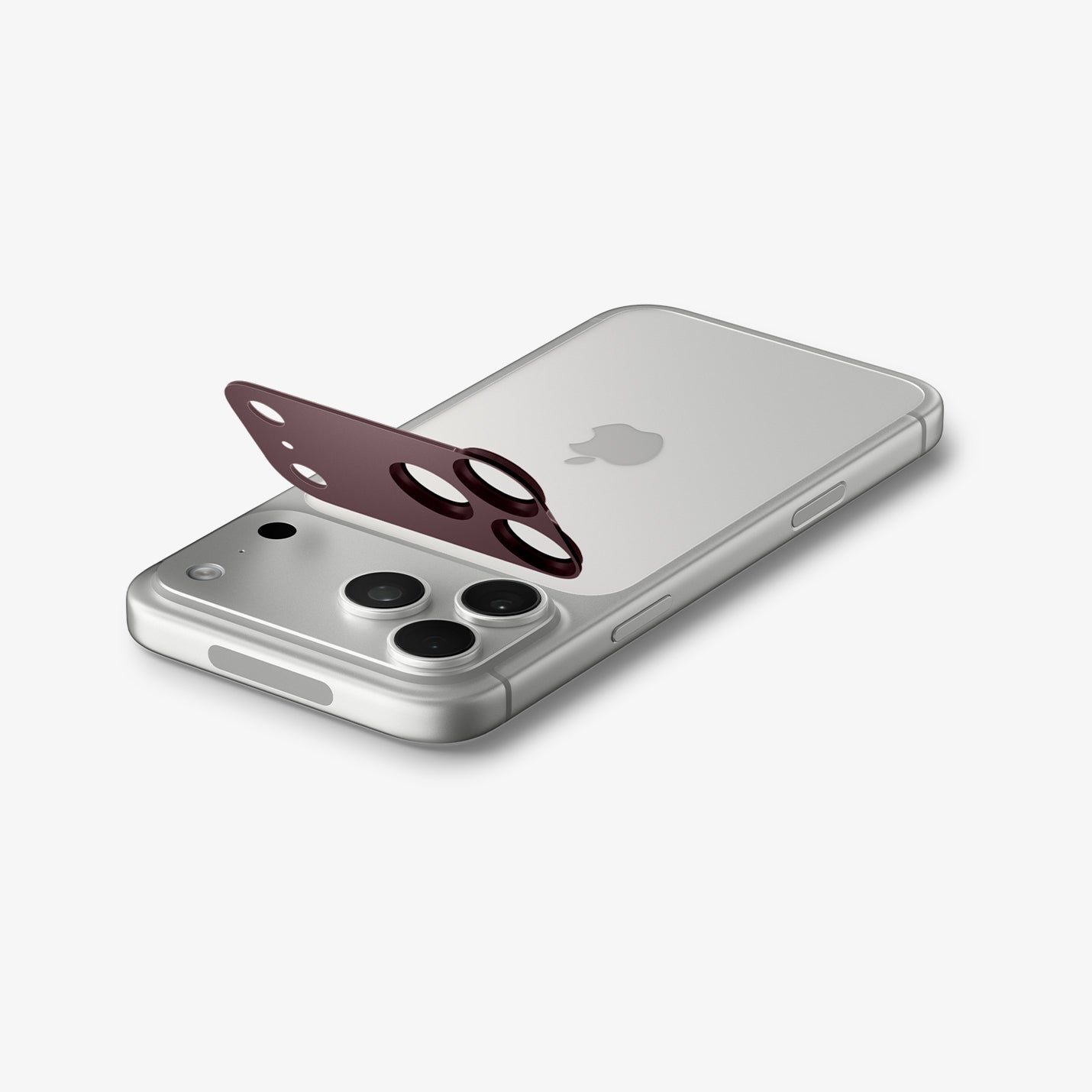 AGL12036 - iPhone 18 Pro Optik Pro XL EZ Fit Lens Protector in Dark Cherry showing the lens protector aligned above the camera area before installation.