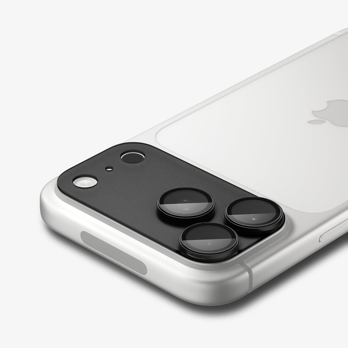 AGL12035 - iPhone 18 Pro Optik Pro XL EZ Fit Lens Protector in Dark Gray showing the installed lens protector covering the full camera area with precise cutouts.