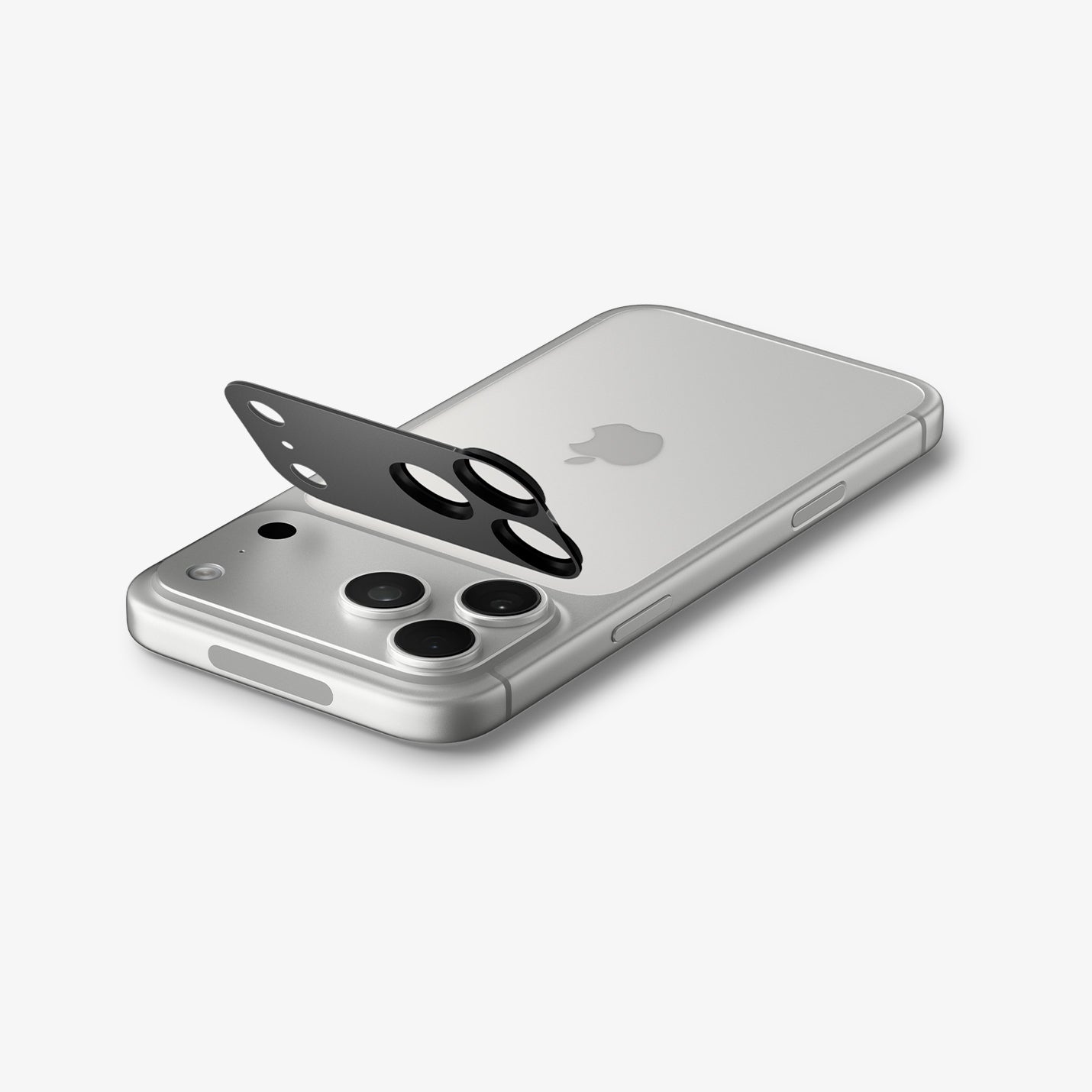 AGL12035 - iPhone 18 Pro Optik Pro XL EZ Fit Lens Protector in Dark Gray showing the lens protector aligned above the camera area before installation.