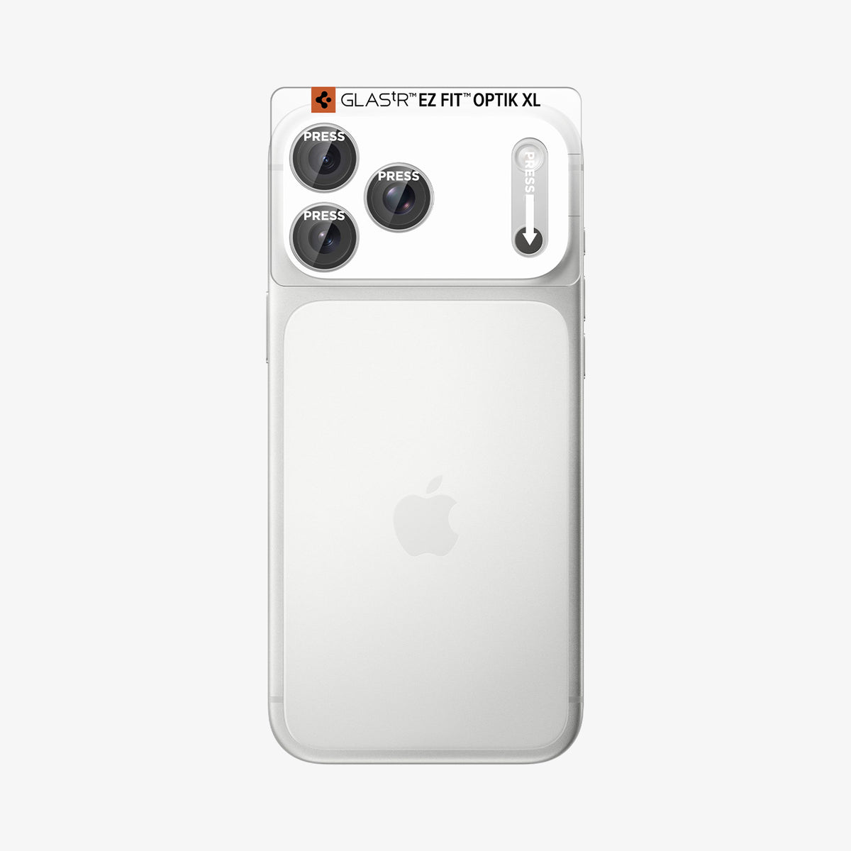 AGL12038 - iPhone 18 Pro Optik Pro XL EZ Fit Lens Protector in Silver showing an alignment tray positioned over the camera area for precise installation.