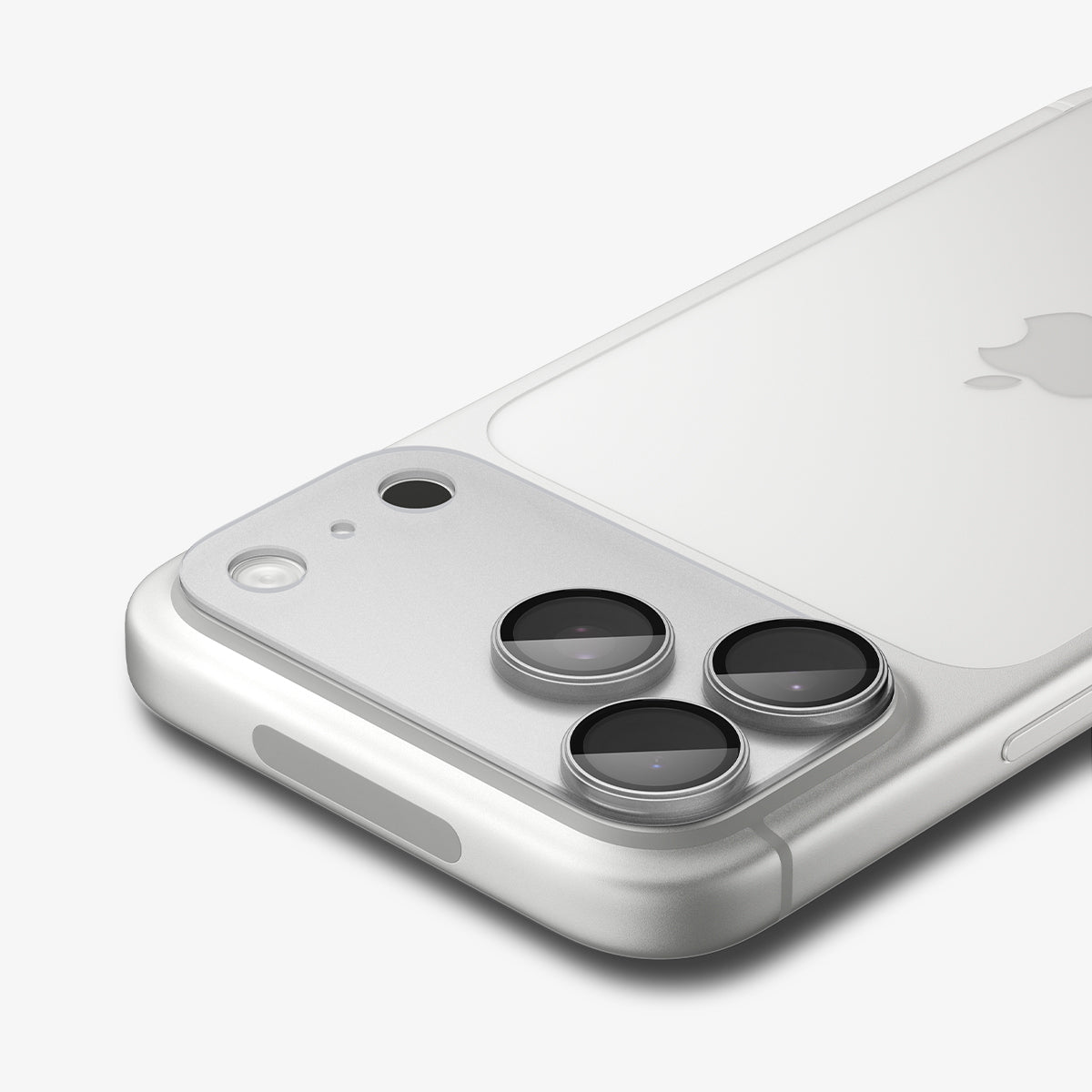AGL12038 - iPhone 18 Pro Optik Pro XL EZ Fit Lens Protector in Silver showing the installed lens protector covering the full camera area with precise cutouts.