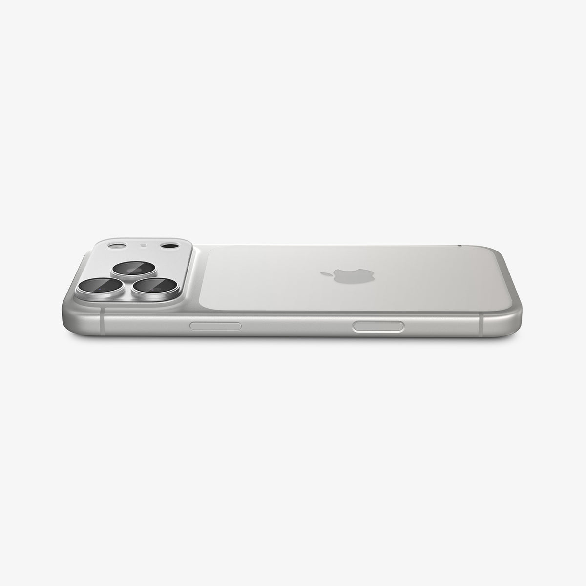 AGL12038 - iPhone 18 Pro Optik Pro XL EZ Fit Lens Protector in Silver showing the installed lens protector sitting flush along the camera area.